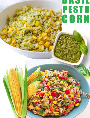 Easy Vegan dinner dish-- basil pesto with roasted corn.