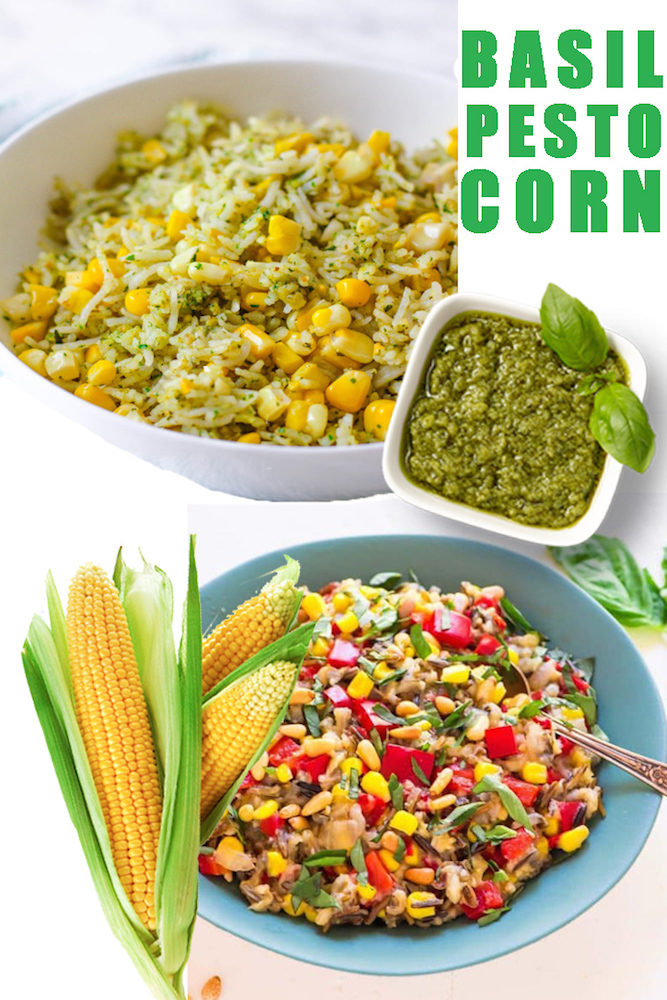 Easy Vegan dinner dish-- basil pesto with roasted corn. 